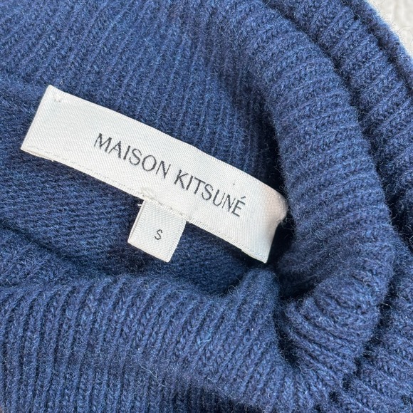 Maison Kitsune Intarsia Turtleneck Sweater Men's S Navy Blue Wool‎ Fox Head Knit - Picture 3 of 14